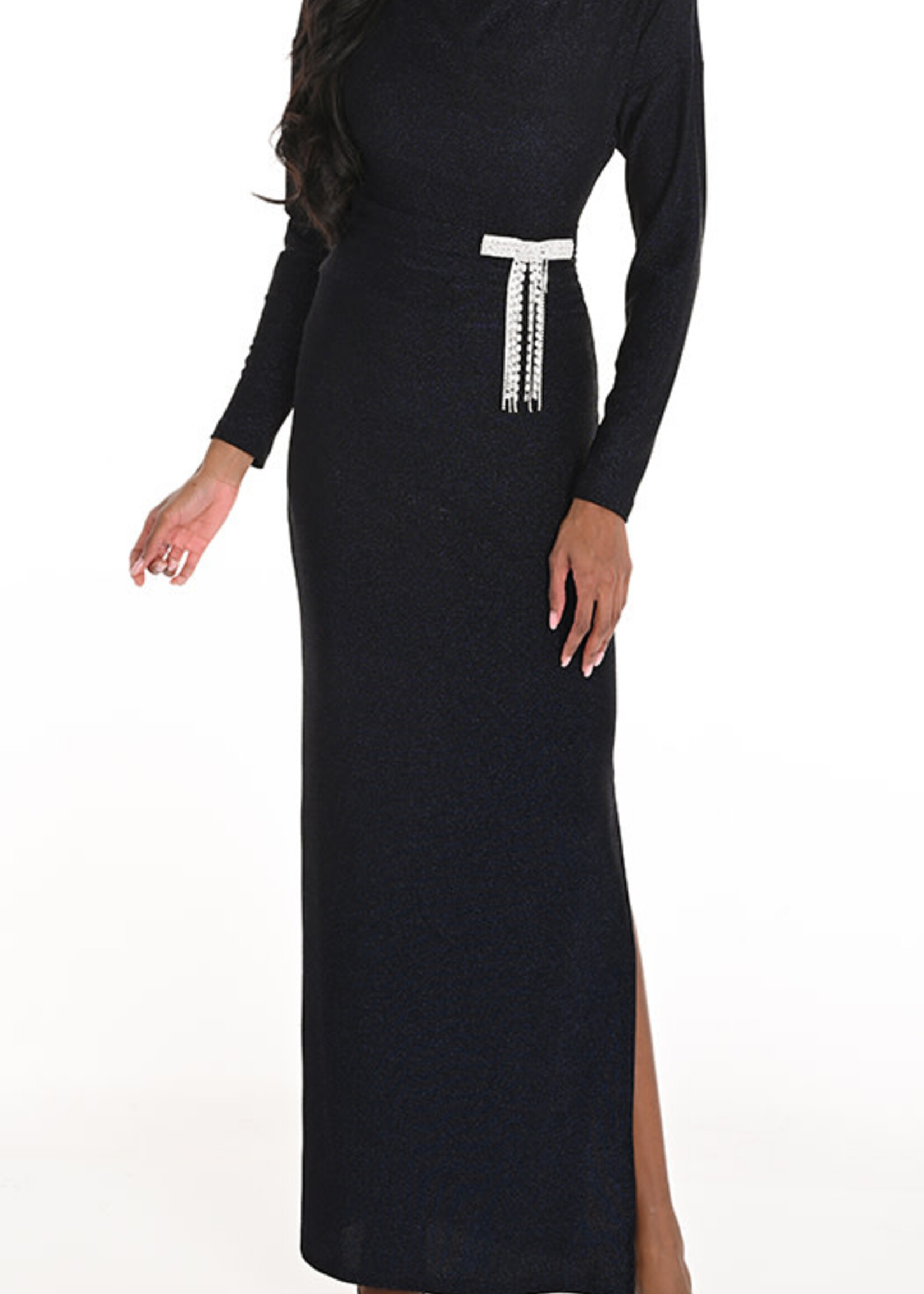 Frank Lyman Shimmer Gown w/ Jewelled Brooch Detail