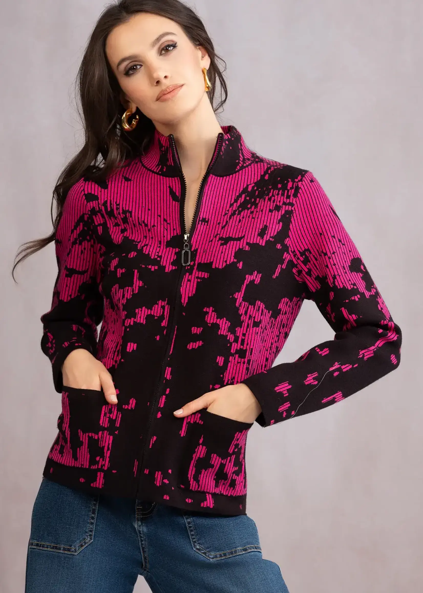 Alison Sheri Zipper Front Print Sweater Jacket