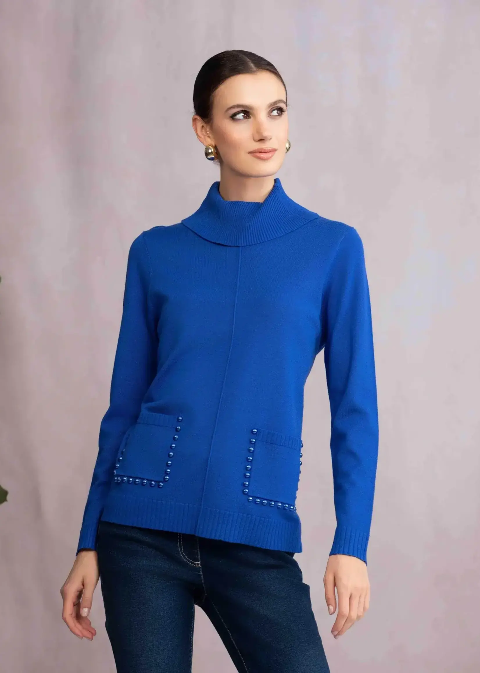 Alison Sheri Pearl- Trim Pocket Mock Neck