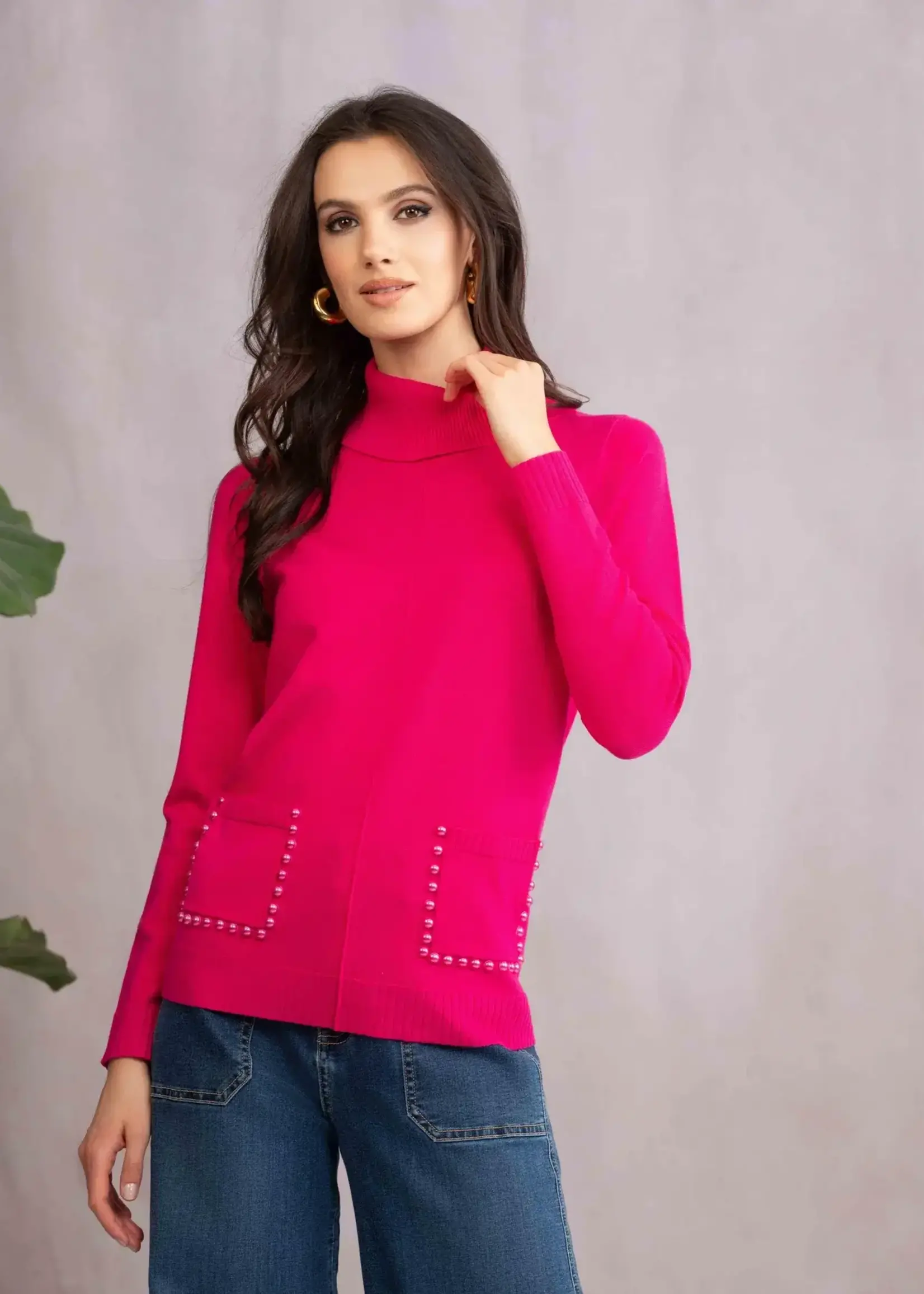 Alison Sheri Pearl- Trim Pocket Mock Neck