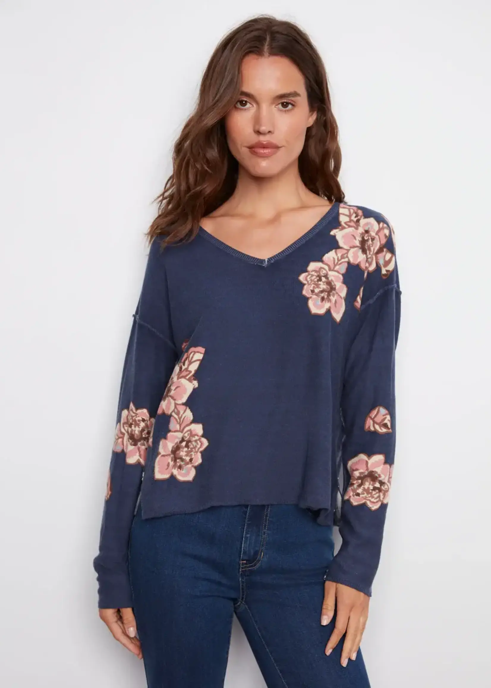 Charlie B Reversible Floral V-neck Sweater