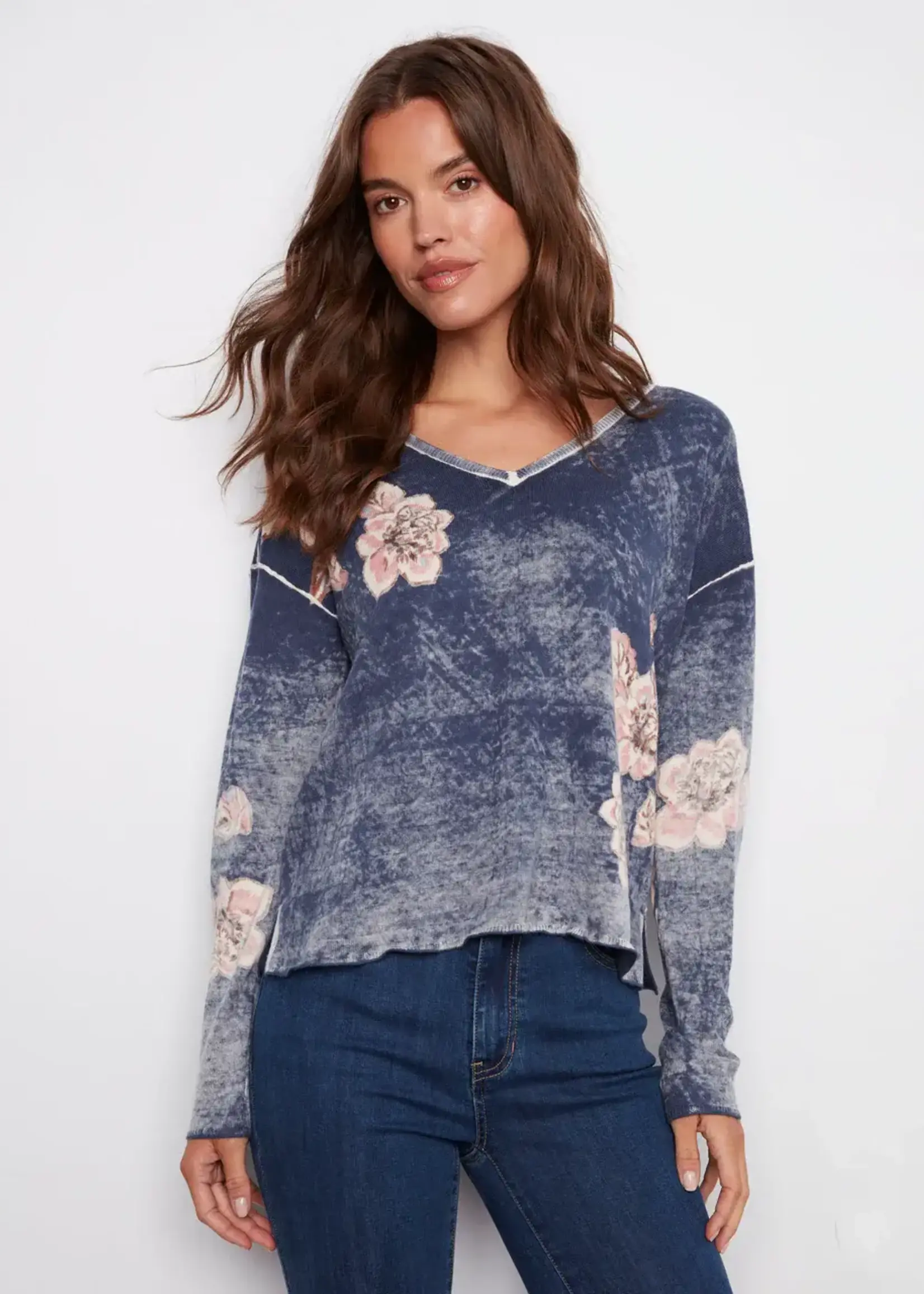 Charlie B Reversible Floral V-neck Sweater