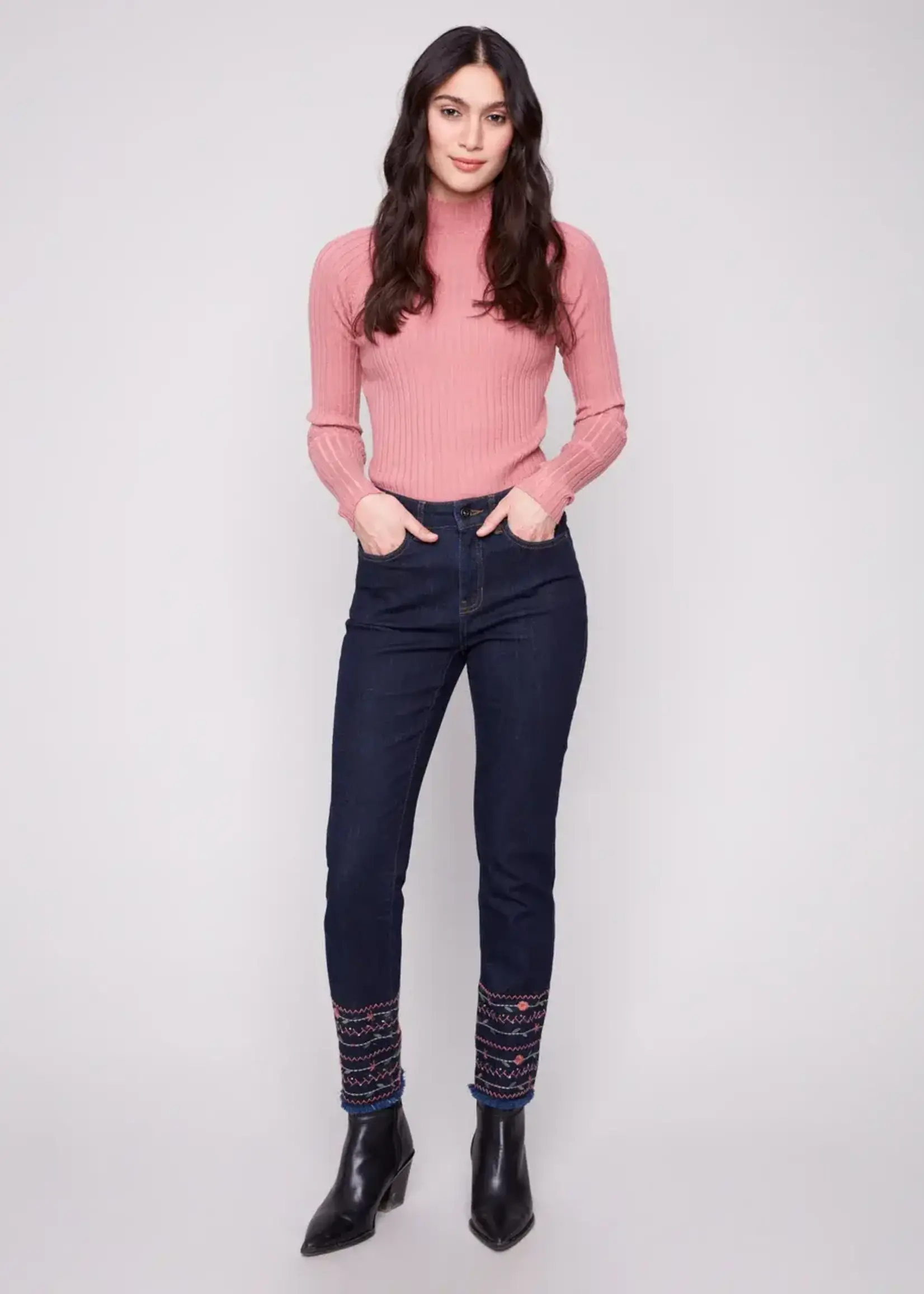 Charlie B Slim Leg Embroidered Hem Jean