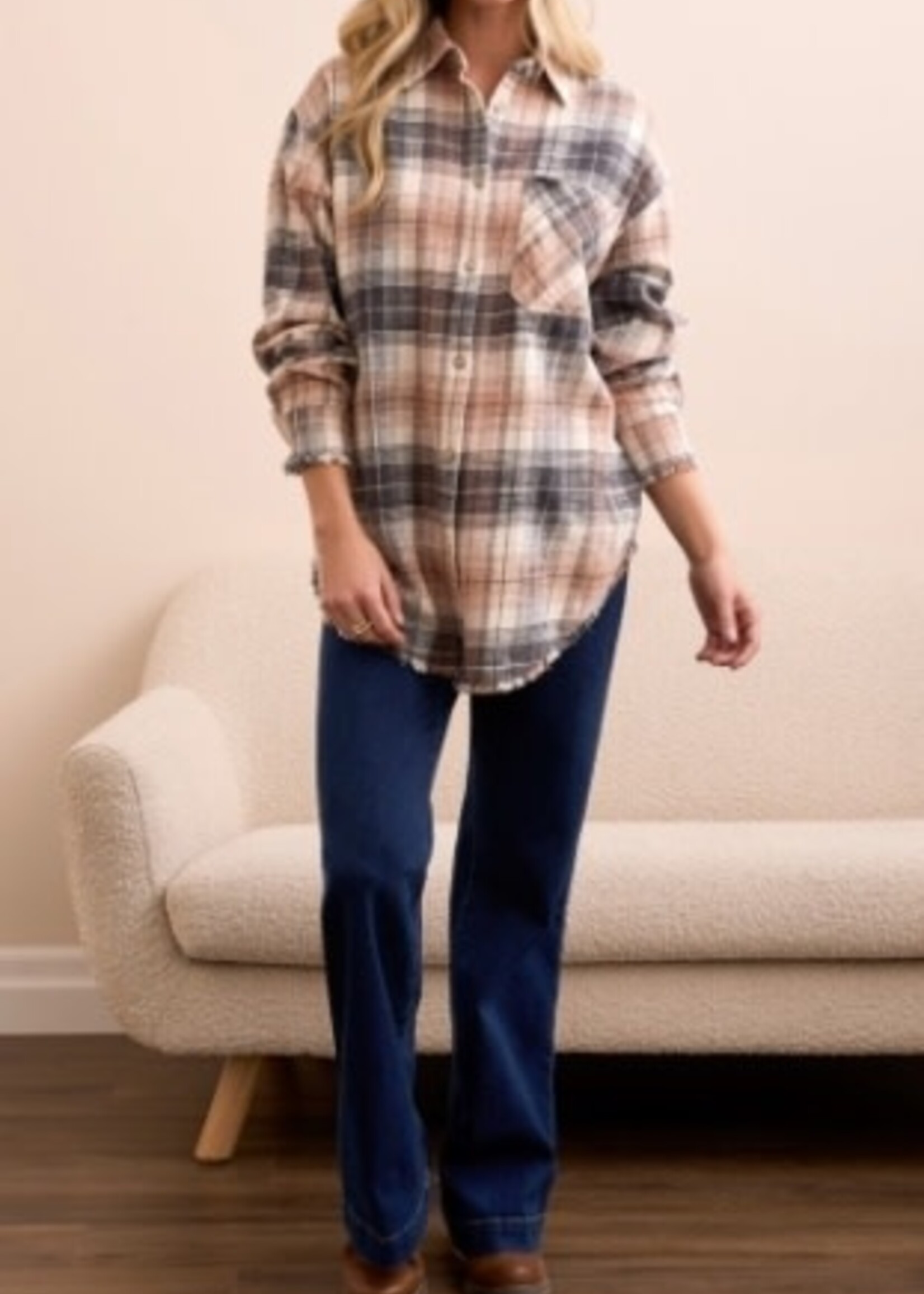 Tribal Fringed Hem Plaid Button Up Top