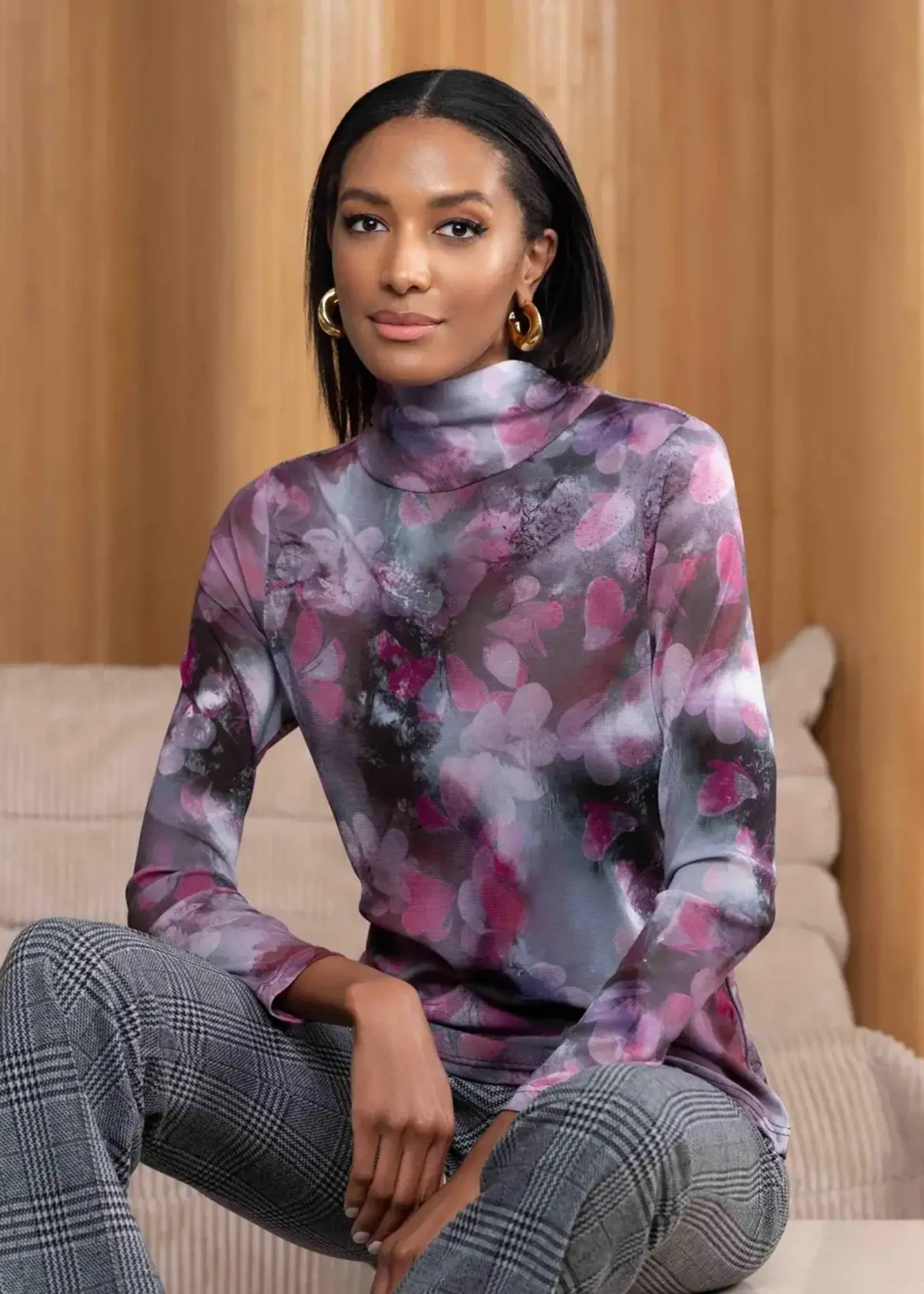 Alison Sheri Floral Print Mesh Mock Neck