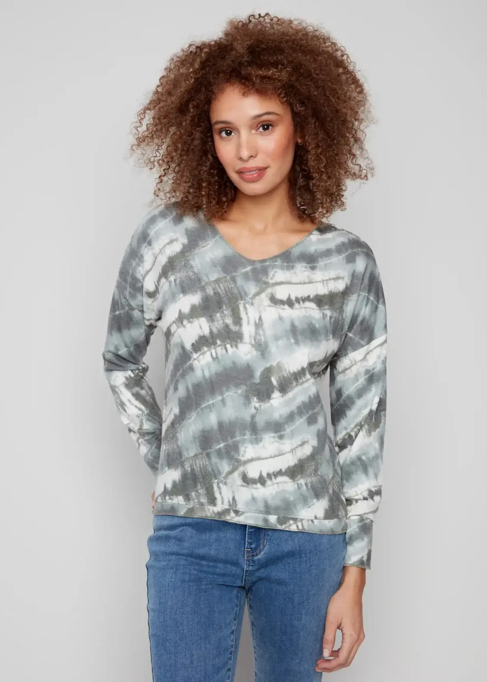 Charlie B L.S Printed V-neck Knit Top