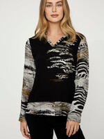 Dolcezza Art Print Embellished V-Neck Top