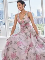 MGNY Floral Print Tulle Gown w/Rosette