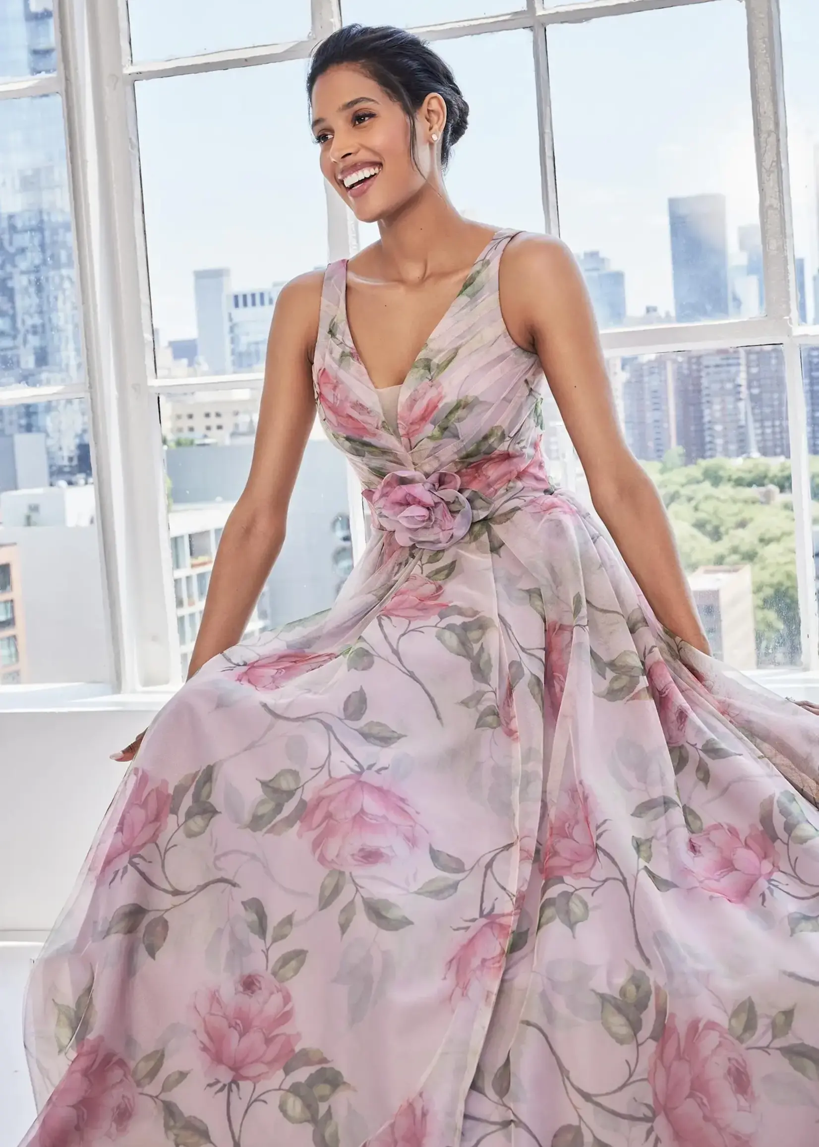 MGNY Floral Print Tulle Gown w/Rosette