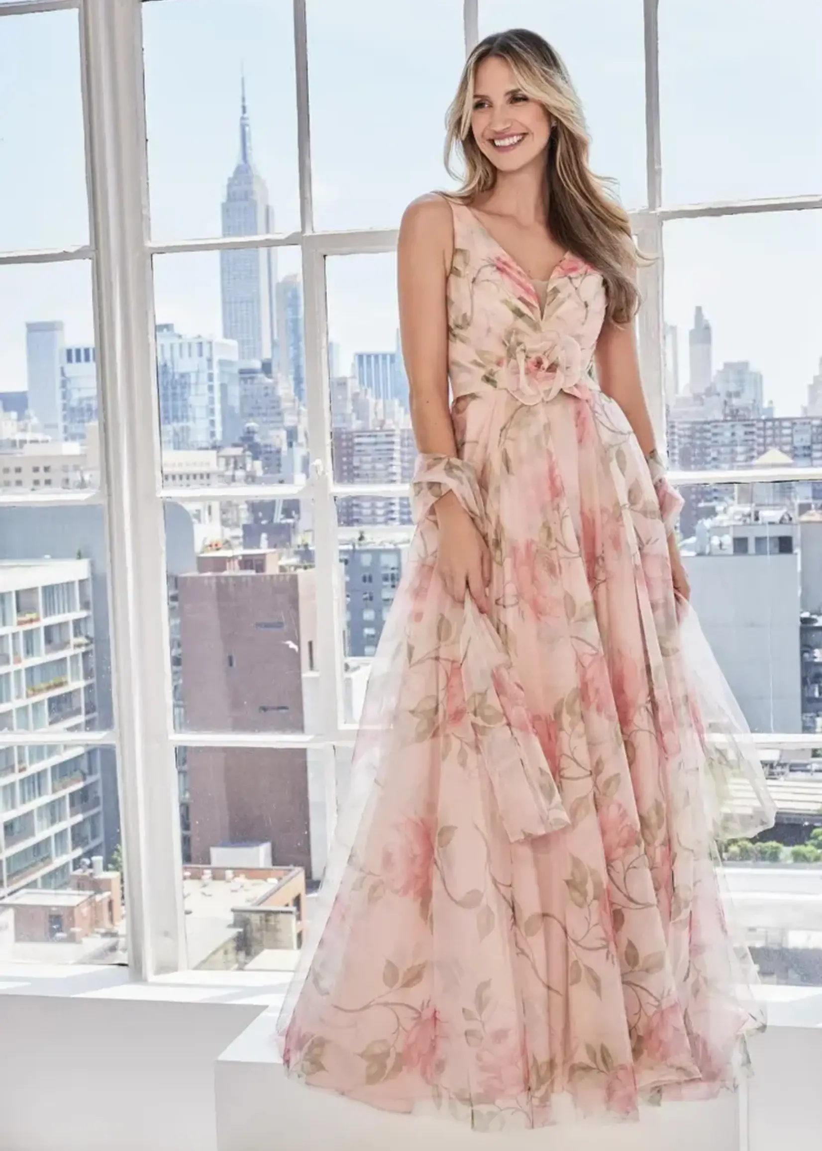 MGNY Floral Print Tulle Gown w/Rosette