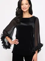 Alex evening Stretch Velvet Blouse w/ Ruffle Chiffon Sleeve