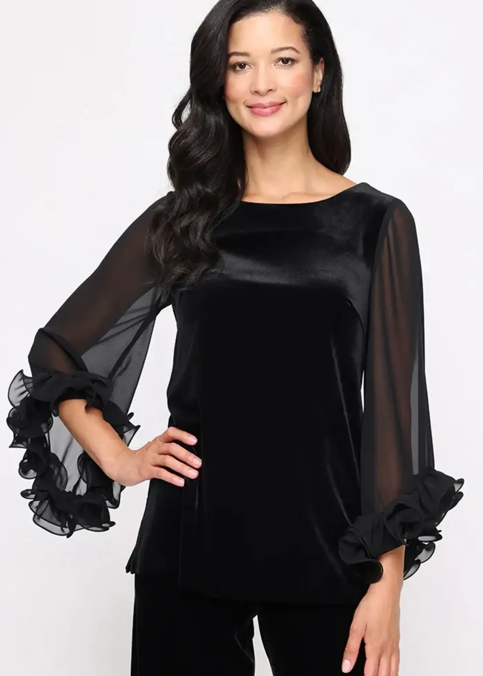 Alex evening Stretch Velvet Blouse w/ Ruffle Chiffon Sleeve
