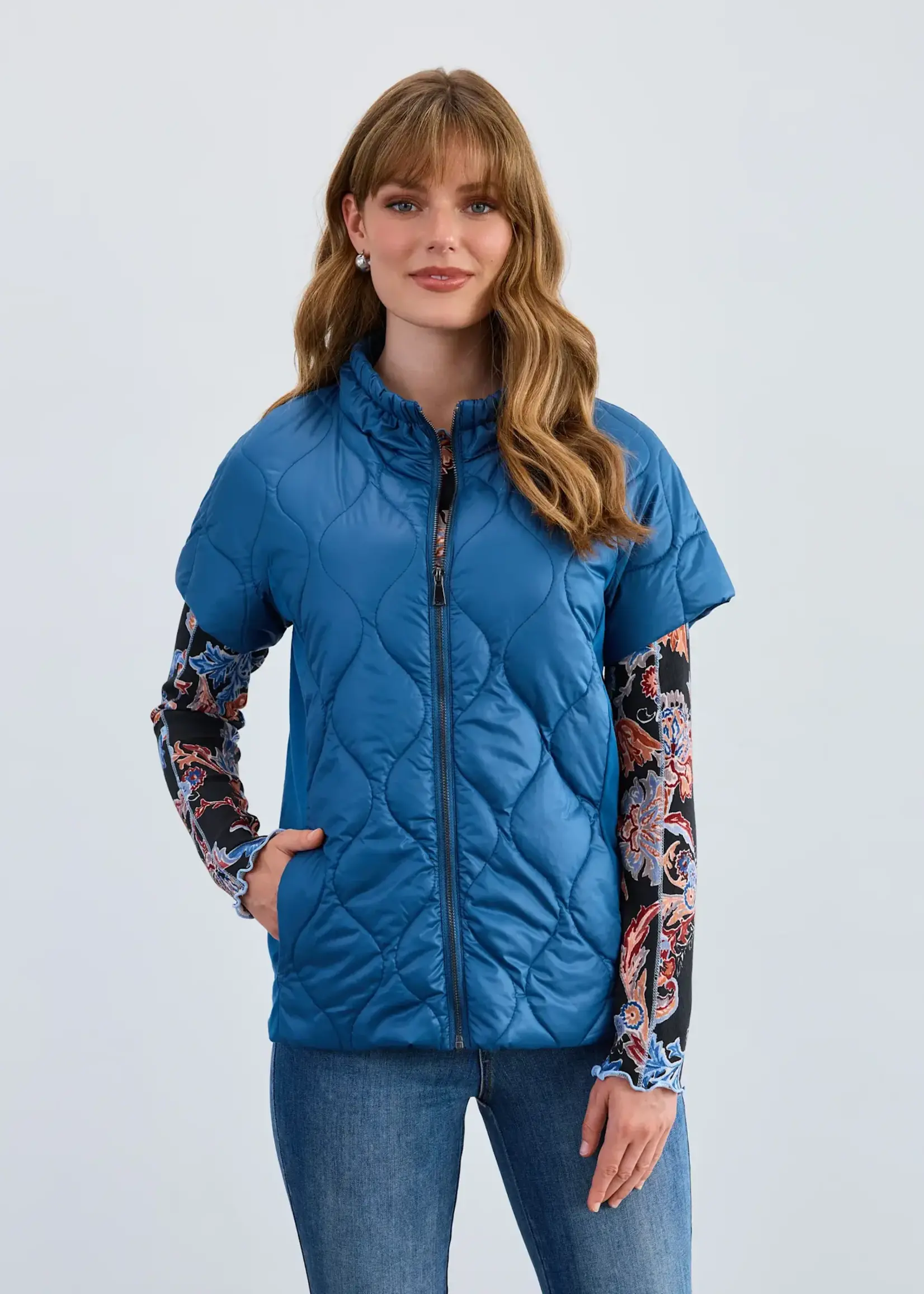 French Dressing Jeans Mix Media Quilted Short Sleeve Jacket