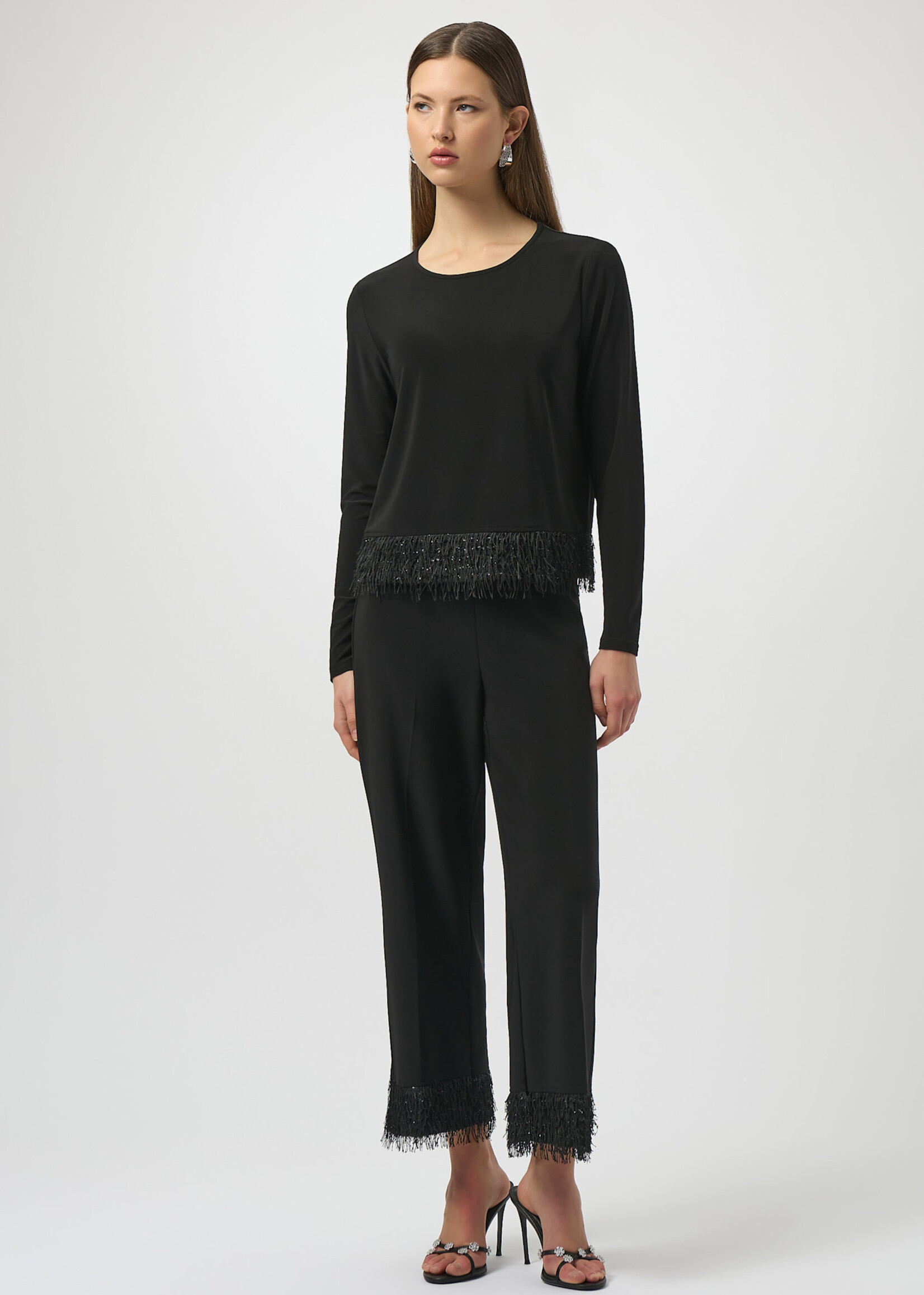 Joseph Ribkoff Crew Neck Fringe Hem Blouse