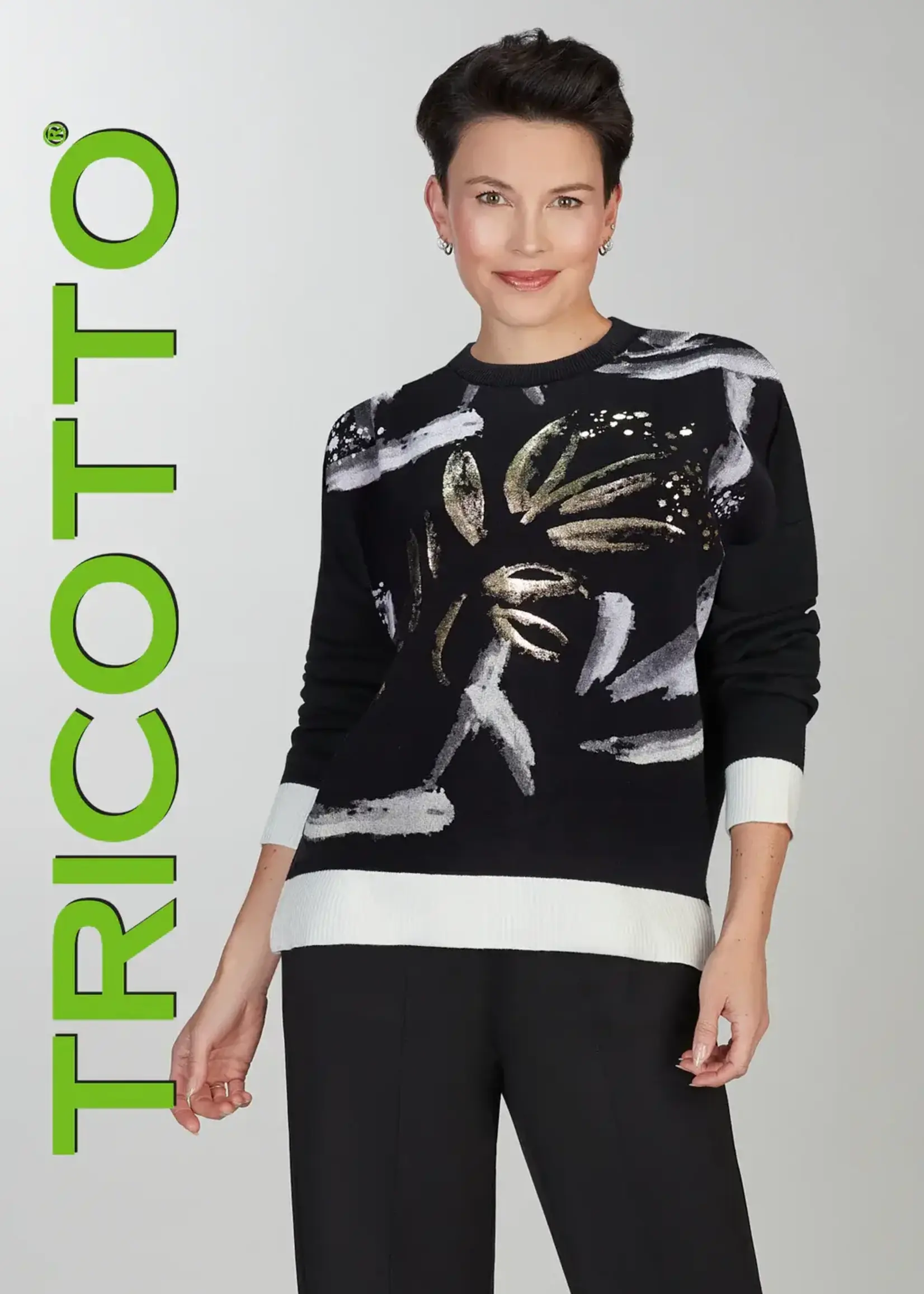 Tricotto Crew Neck Metallic Print Front Sweater