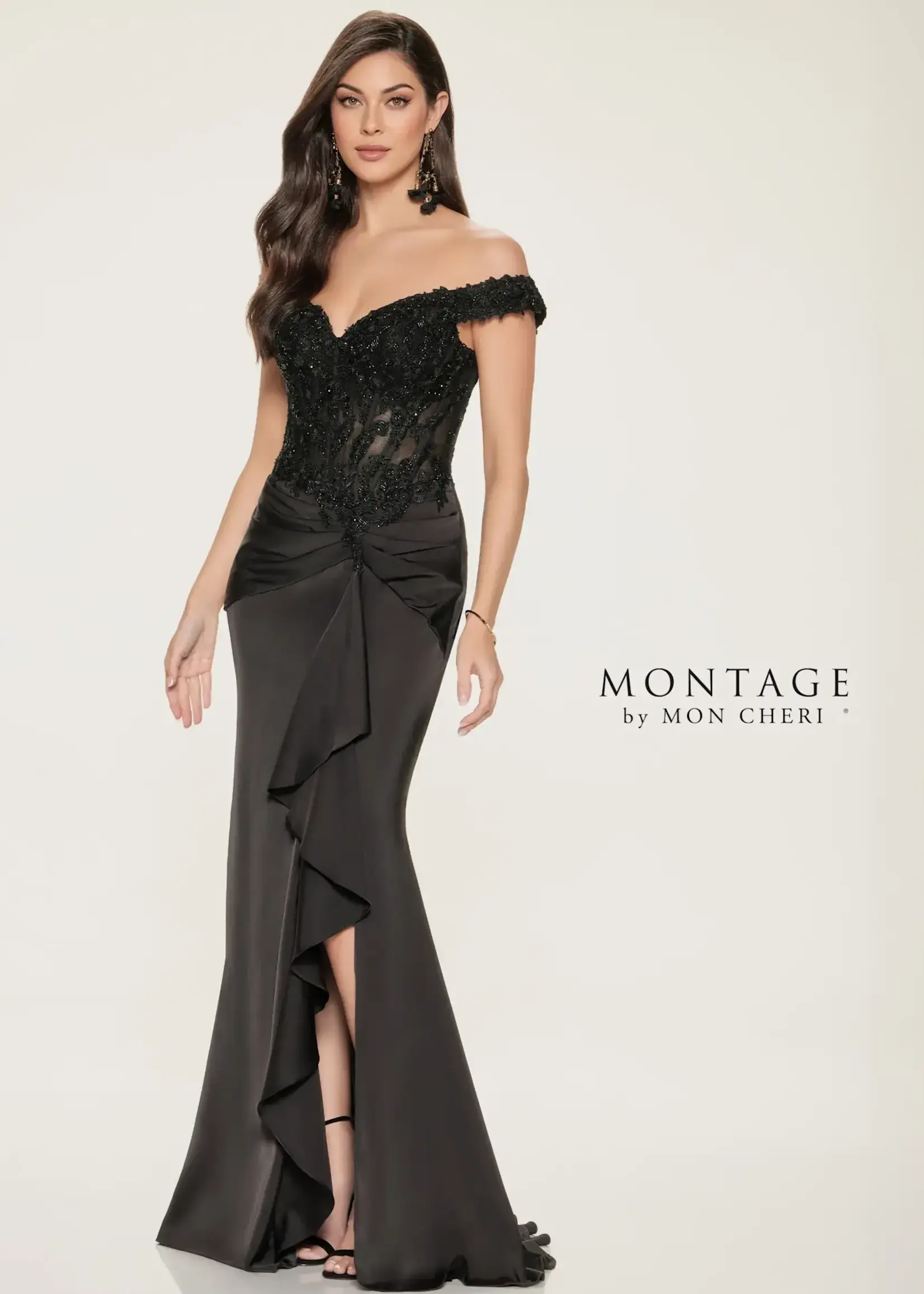 Montage Lace Bead Work Ruffle Slit Gown
