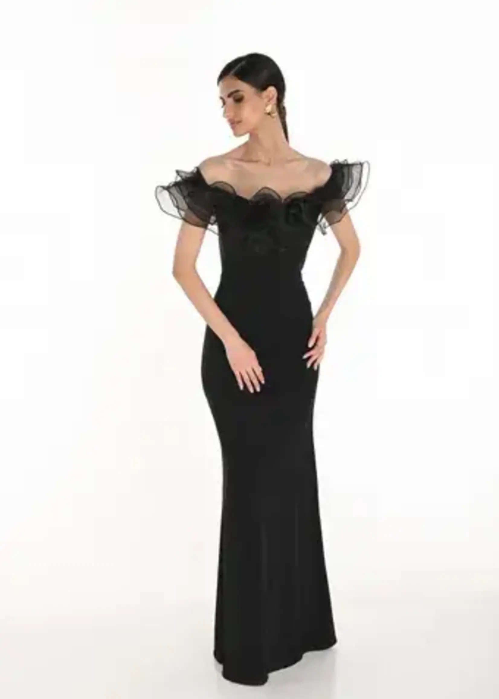 Frank Lyman Ruffle Off-Shoulder Fitted Gown