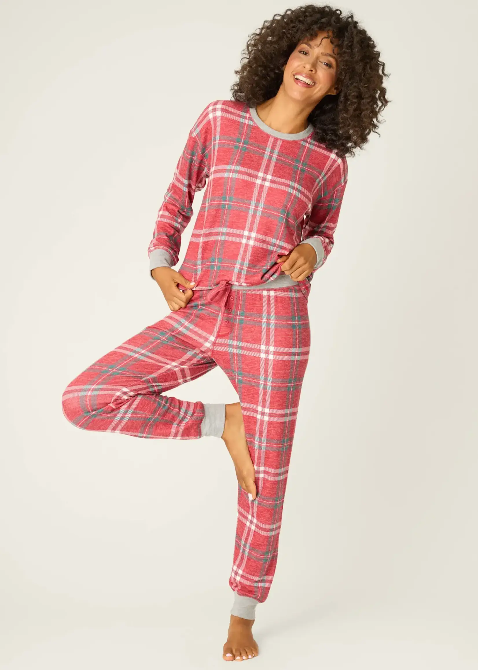 PJ Salvage Crew Neck Pleated Jersey Plaid PJ Set