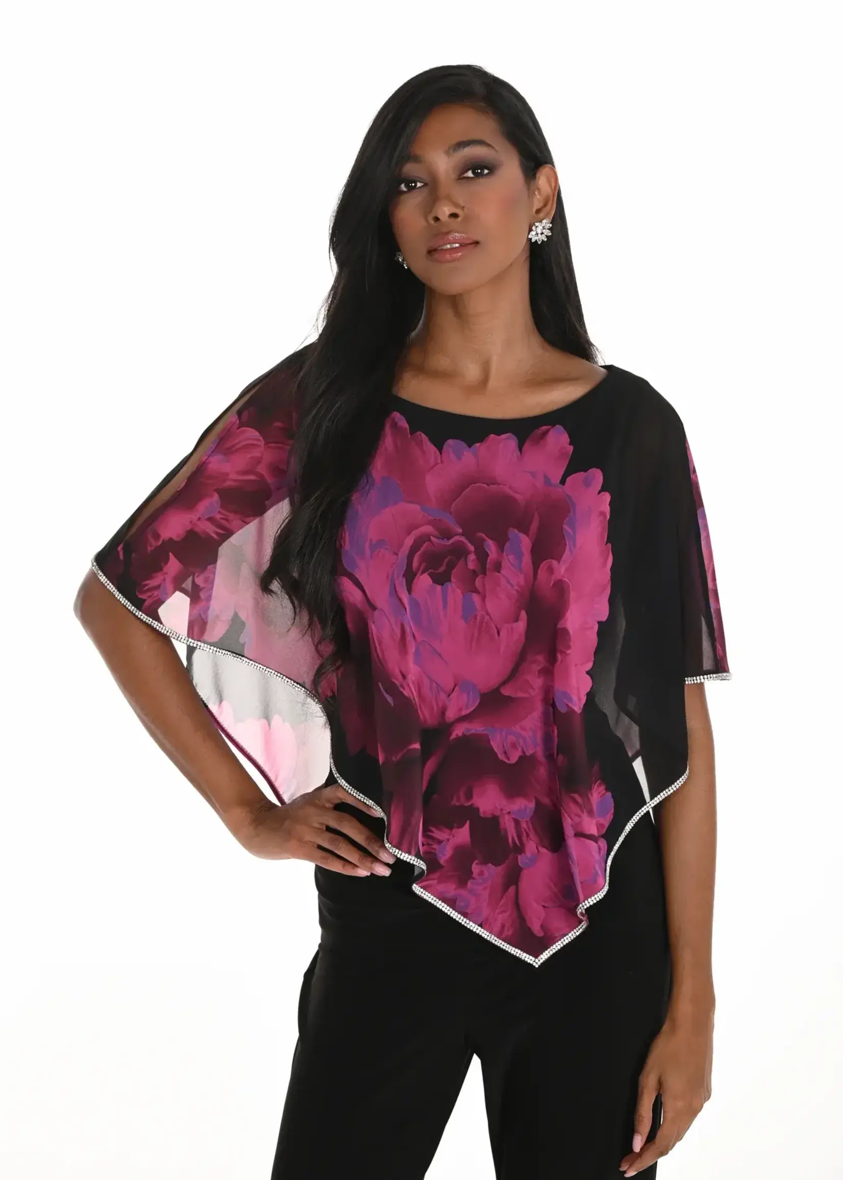 Frank Lyman Floral Cape Overlay w/ Rhinestone Trim Blouse