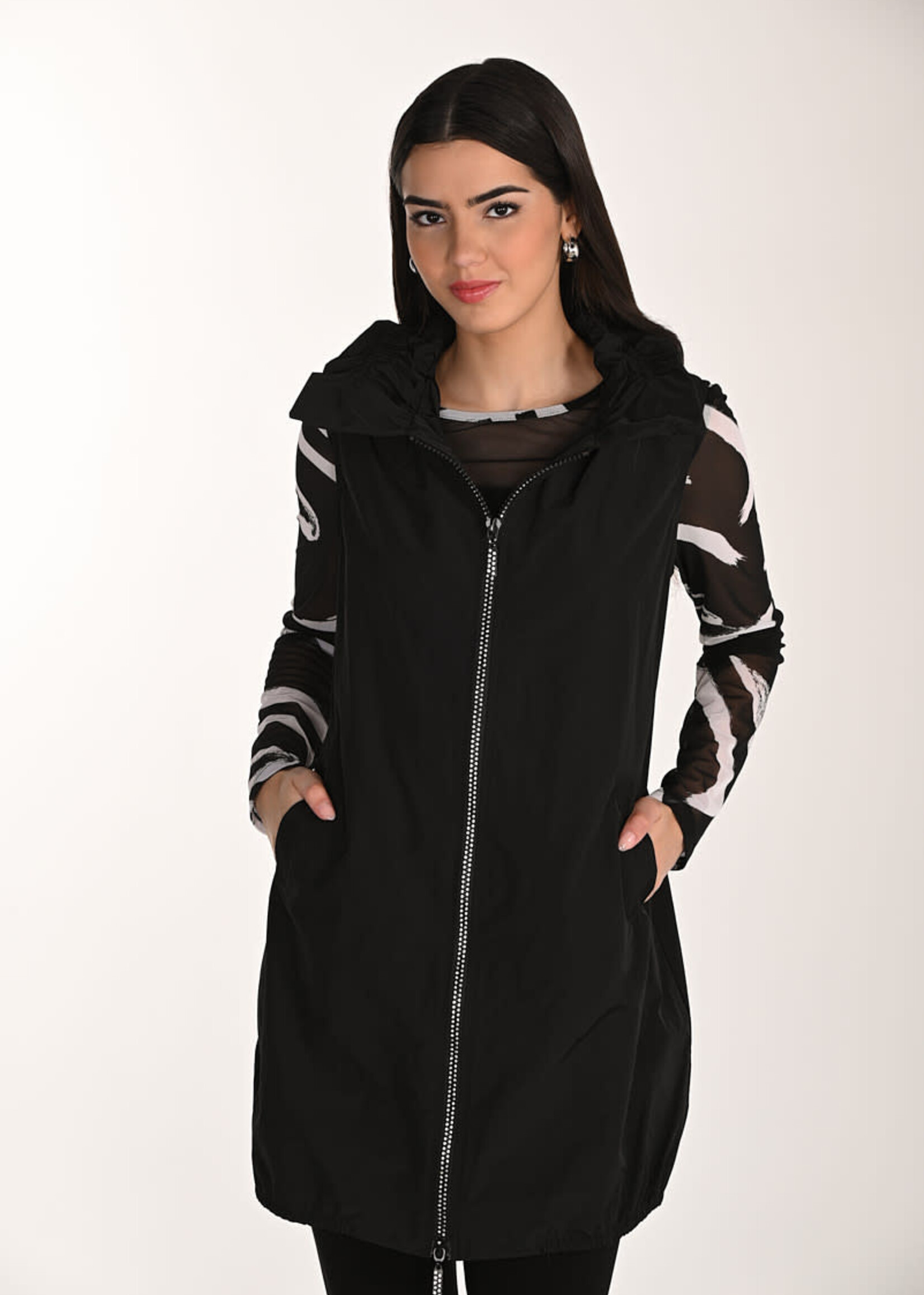 Frank Lyman Hip Length Hooded Vest w/ Rhinestone Zip