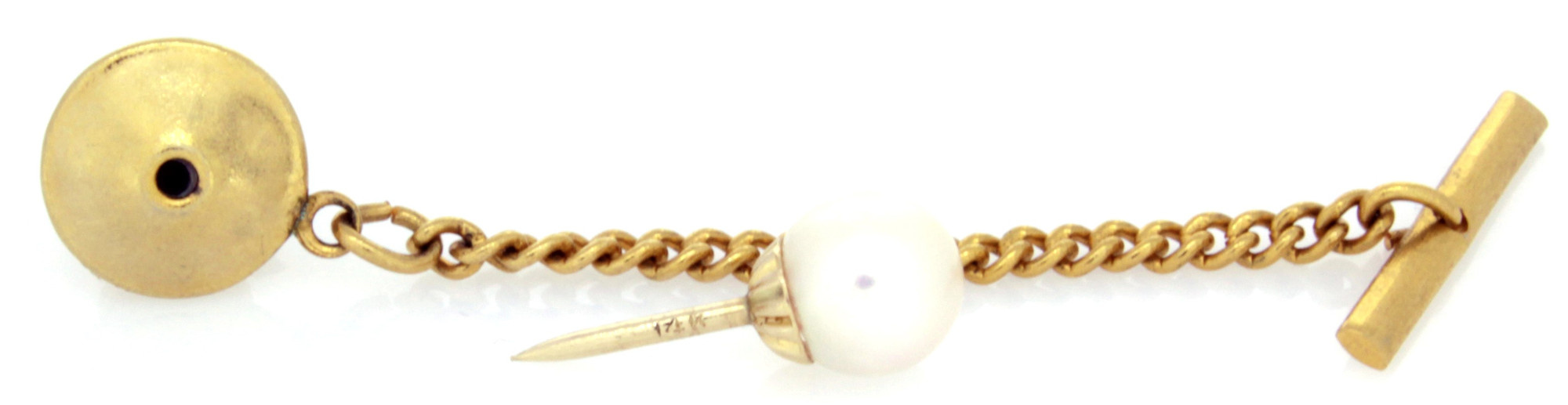 14K Yellow Gold Pearl Tie-Tack with Safety Chain-2
