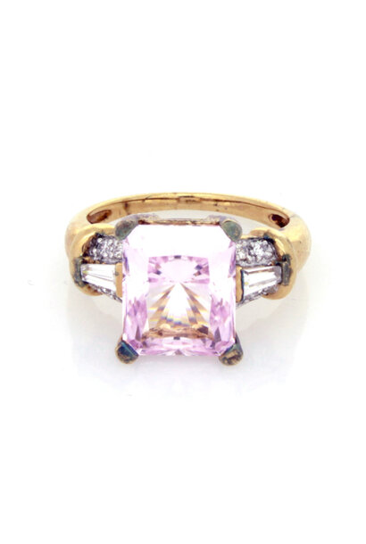 .925 Gold Plated Pink Sapphire & Crystal Ring (sz 8.75)