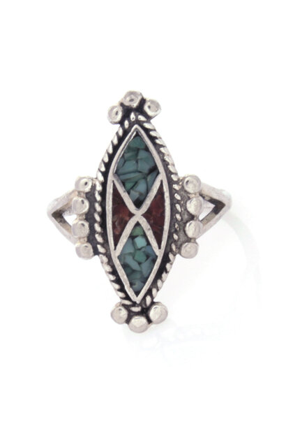 .925 Turquoise & Coral Inlay Native American Ring (sz 8 1/4)