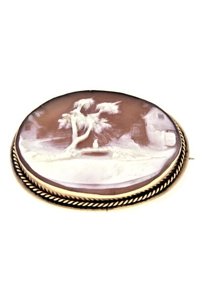 10K Gold Filled Mid-1800's Victorian Hand-Carved White Shell Cameo Brooch