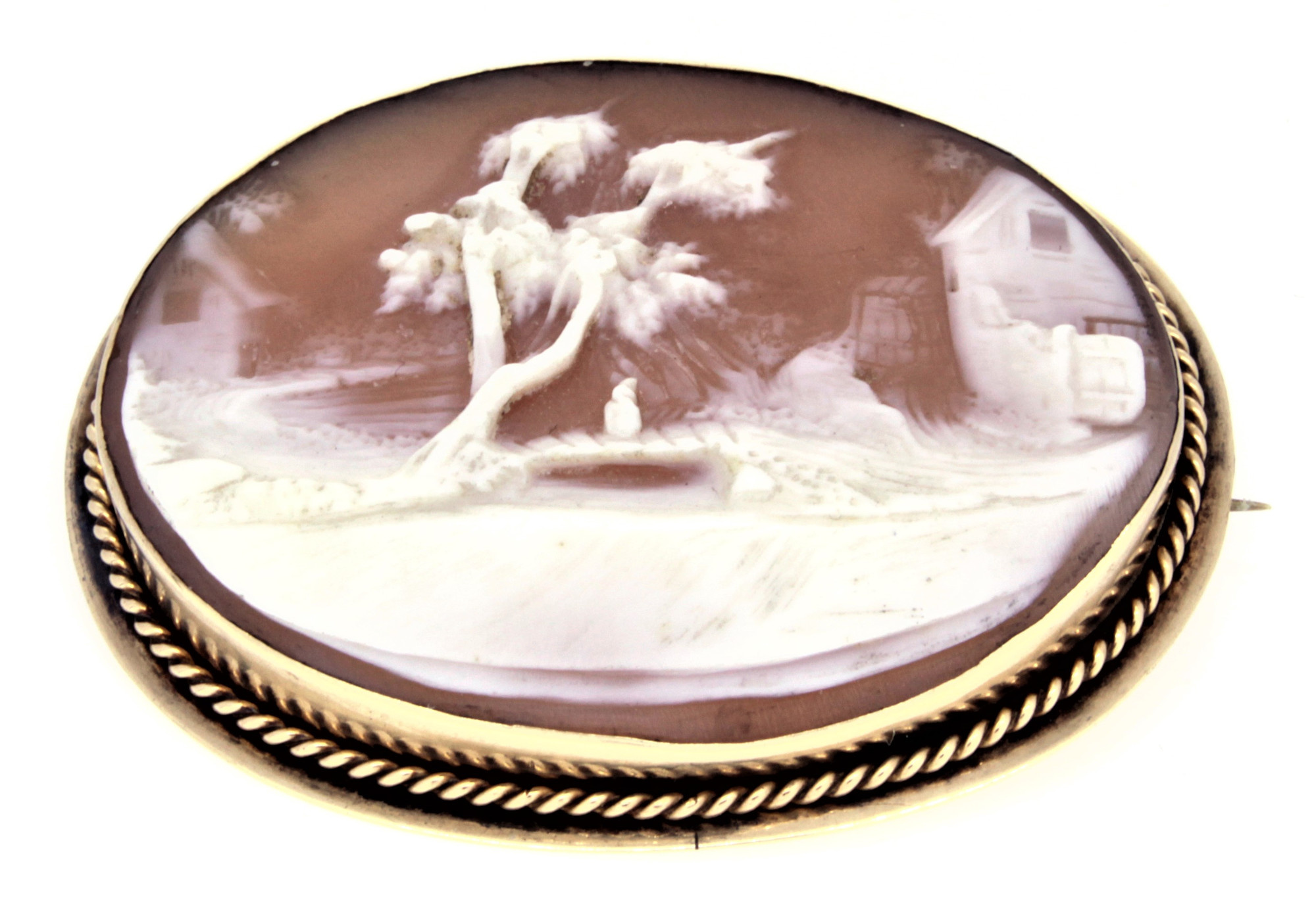 10K Gold Filled Mid-1800's Victorian Hand-Carved White Shell Cameo Brooch-1