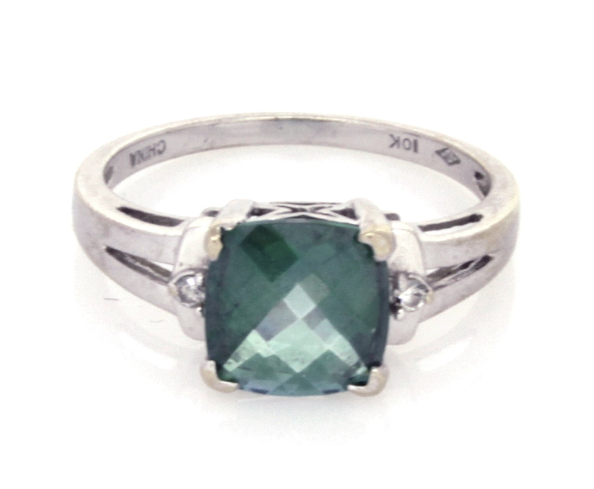 10K White Gold Green Topaz & Diamond Ring (sz 7)-1