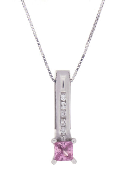 14K White Gold Pink Sapphire & Diamond Pendant (16"/1mm)