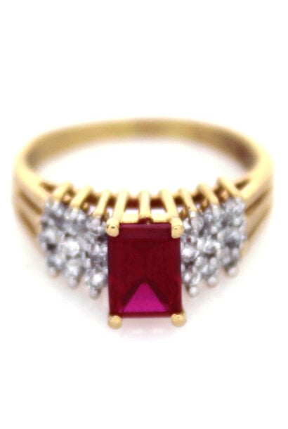 14K Yellow Gold Red Sapphire & Diamond Ring (sz 6 3/4)