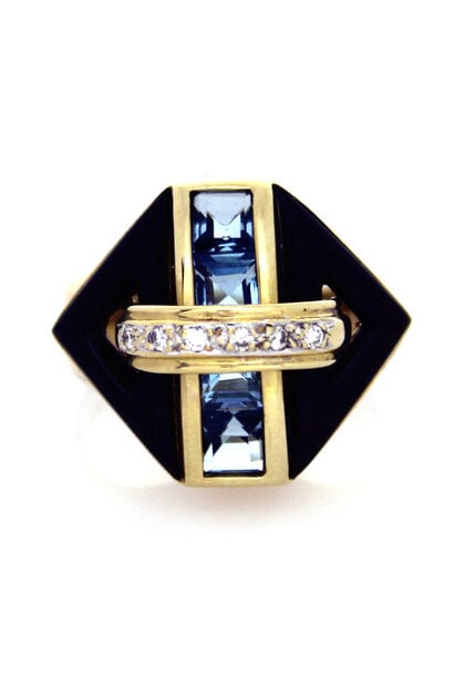 14K Yellow Gold Topaz Onyx & Diamond Ring (sz 8 3/4)