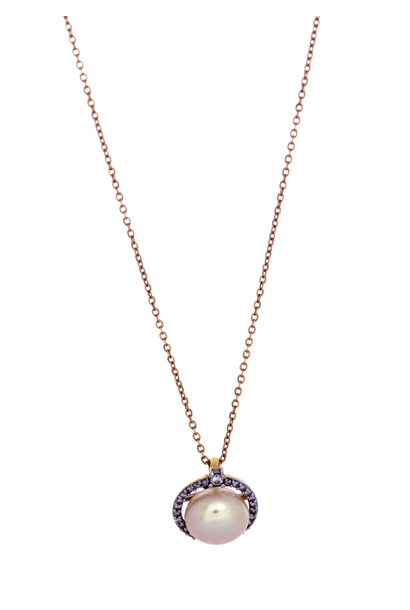 14K Yellow Gold Pearl and Diamond Halo Necklace (18 1/2")