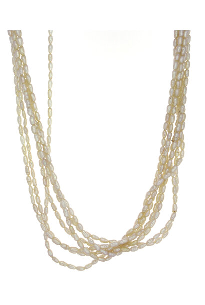 14K Yellow Gold Clasp Multi-Strand Rice Pearl Necklace (17")