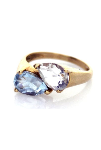 14K Yellow Gold Blue & White Topaz Teardrop Ring (sz 5)