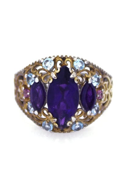 .925 Sterling with Gold Plating Amethyst, Topaz, and Tourmaline Ring (sz 8)