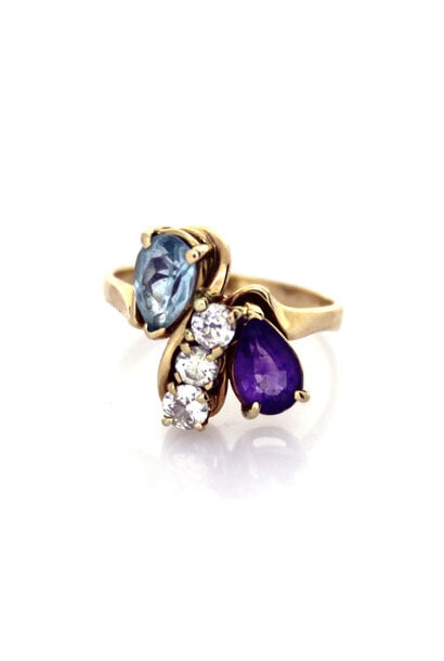 14K Yellow Gold Amethyst, Diamond, and Topaz Ring (sz 7 3/4)