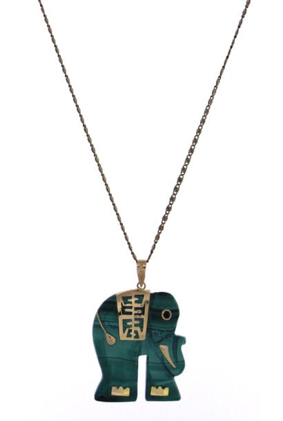 14K Yellow Gold Malachite Elephant Pendant (16")