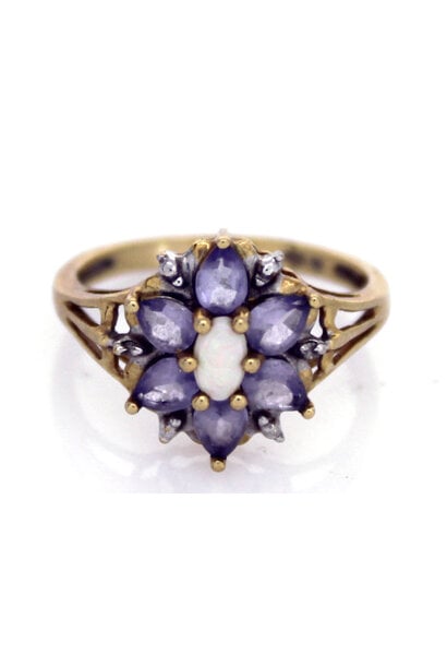 10K Yellow Gold Tanzanite & Opal Flower Ring (sz 6 3/4)