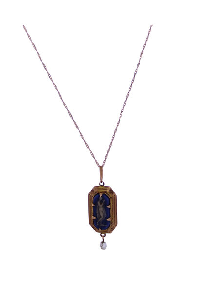 10K Yellow Gold Greek Blue Pendant Necklace (18")