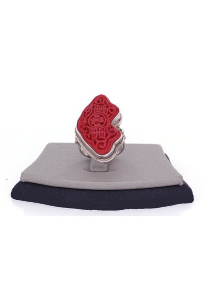 .925 Red Oriental Enamel Ring (sz 8 3/4)