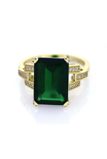 .925 Gold Plated Emerald Cut Green Crystal Ring (sz 8 1/2)