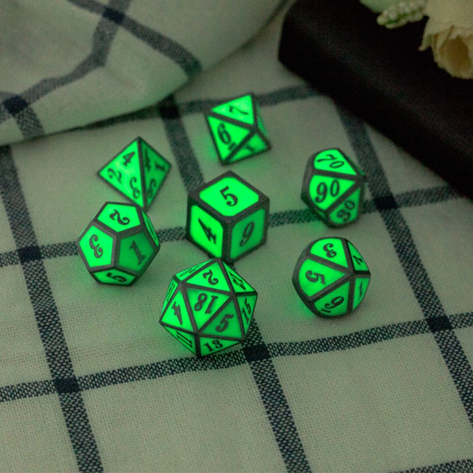 Dice Habit Dice Habit Glow in the Dark Green with Silver Metal Polyhedral 7 die set