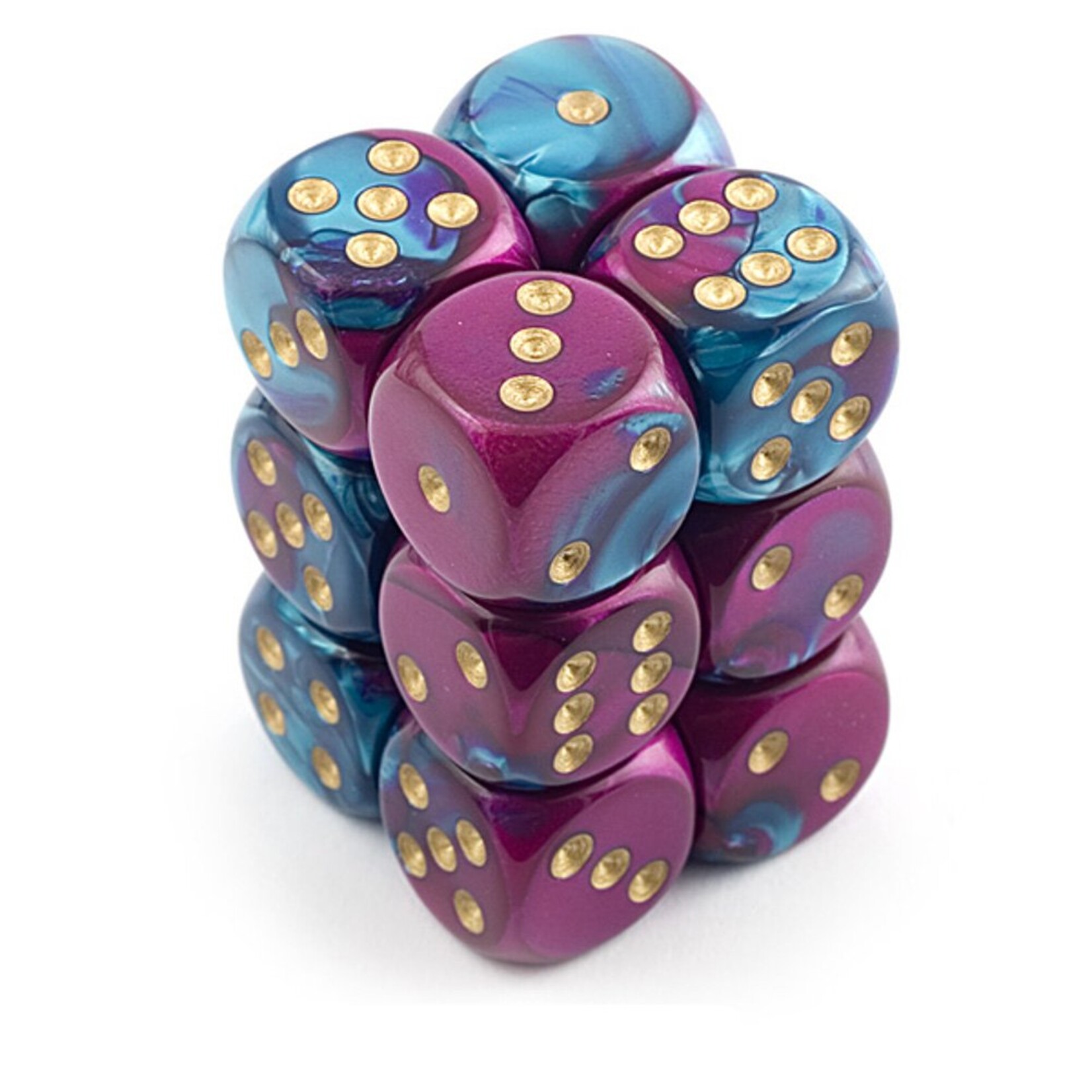 Chessex Chessex Gemini Purple / Teal with Gold 16 mm d6 12 die set
