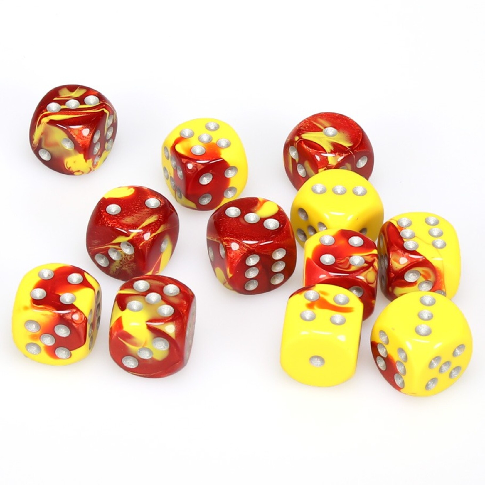 Chessex Chessex Gemini Red / Yellow with Silver 16 mm d6 12 die set