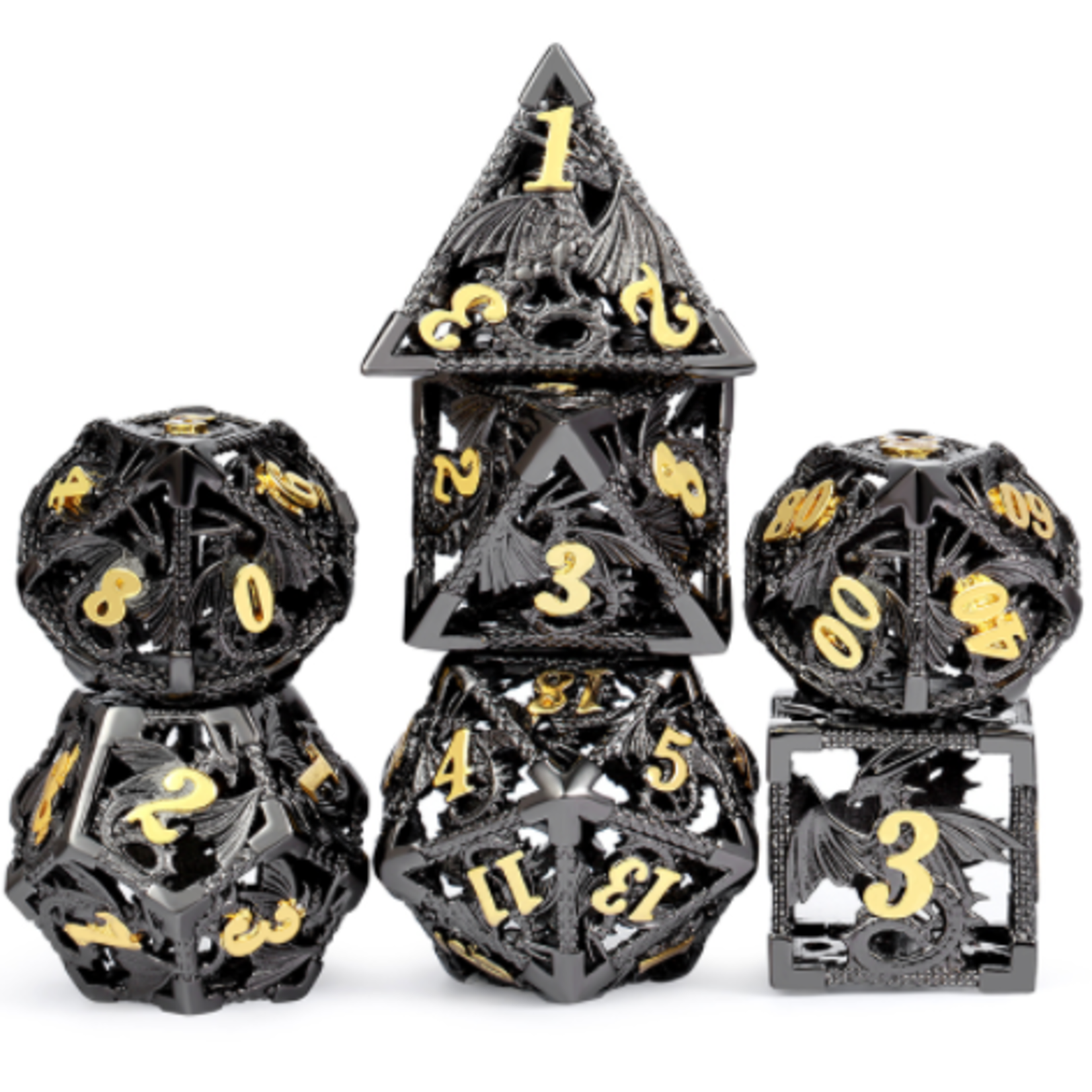 Dice Habit Dice Habit Hollow Dice Set Dragon Black and Gold Metal Polyhedral 7 die set