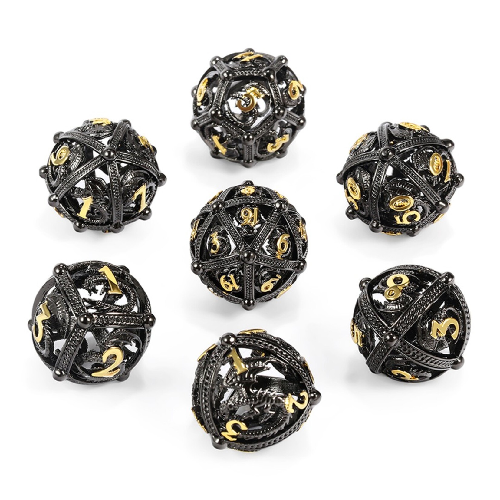 Dice Habit Dice Habit Hollow Orb Dice Set Dragon Black and Gold Polyhedral 7 die set