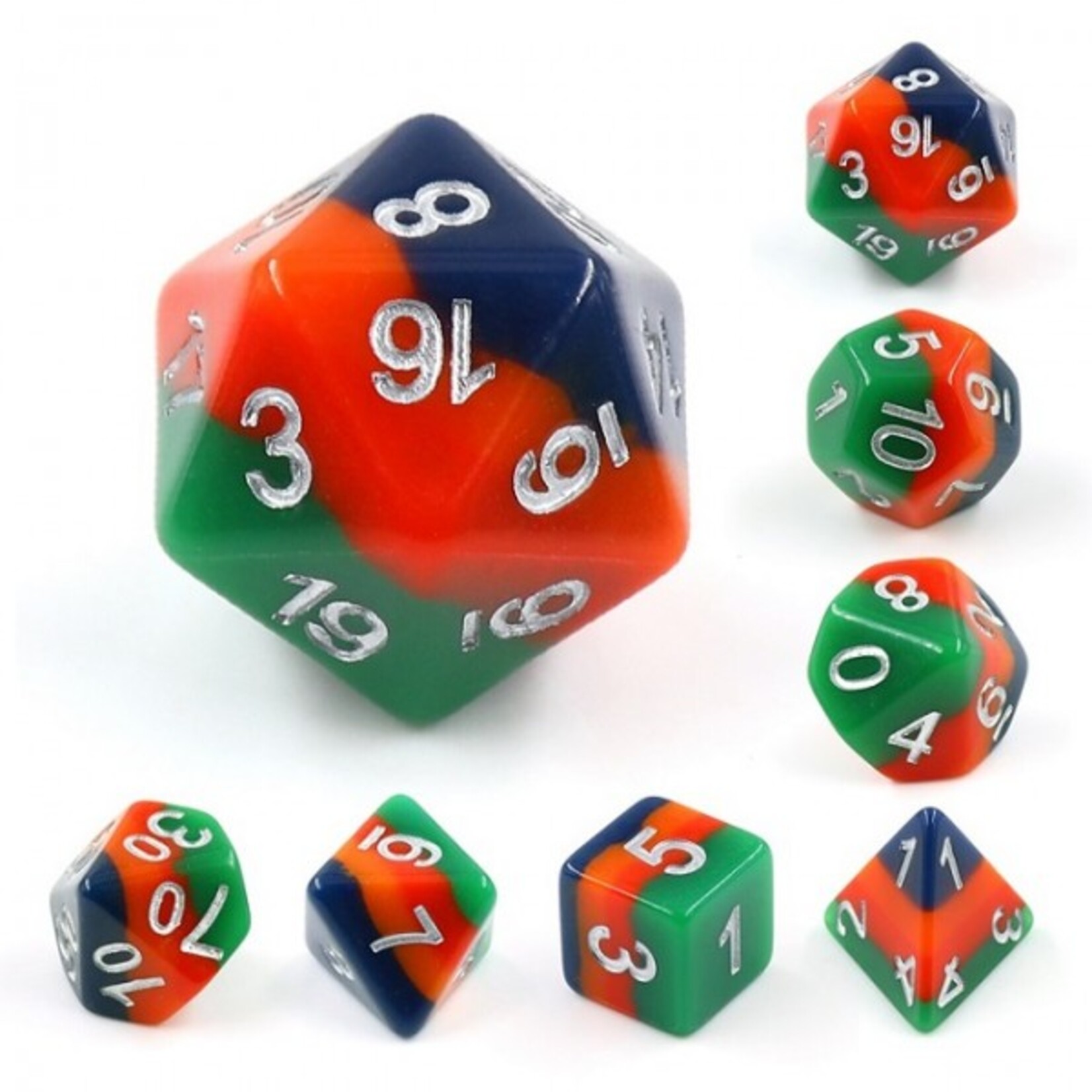 Heng Da Manufacturing HD Dice Layer Christmas Tree Green / Red / Blue with White Polyhedral 7 die set