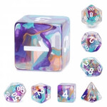 Heng Da Manufacturing HD Dice Unknown Land Rainbow / Clear with White Polyhedral 7 die set